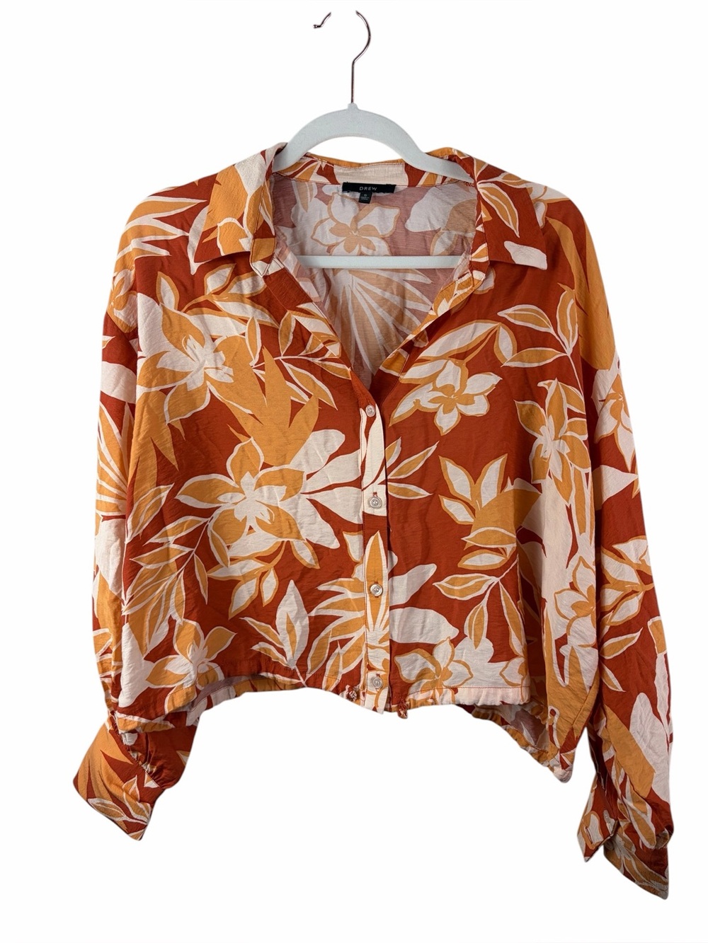 Drew rust and cream floral print cropped button-down shirt